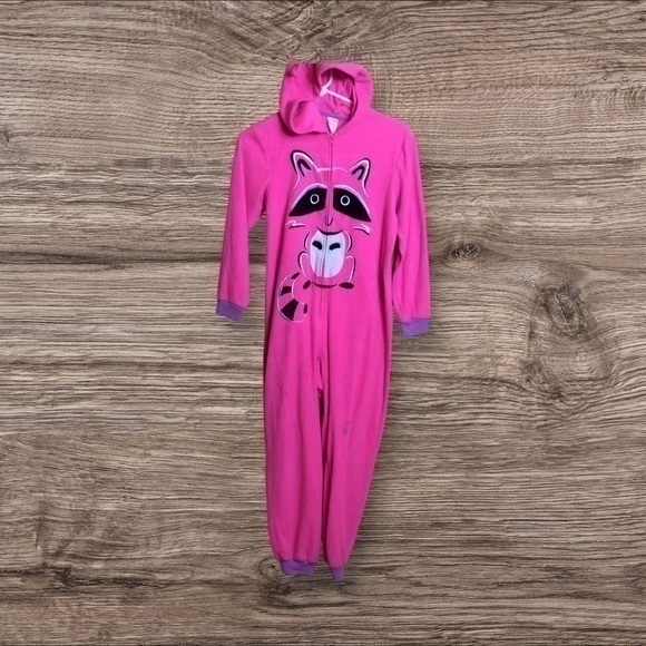 Cat and jack pink raccoon onesie/hooded pajamas. Large. - Picture 1 of 7